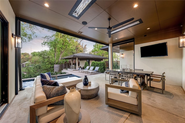 11460 Strait Ln, Dallas, TX 75229 - view of patio / terrace featuring an outdoor living space, outdoor dining area, a gazebo, and a ceiling fan