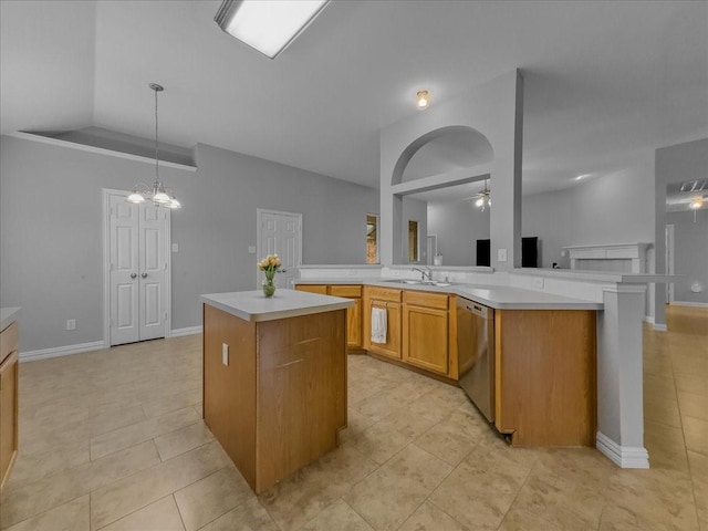 6705 Westover Dr, Rowlett, TX 75089 - kitchen with dishwasher, a kitchen island, a sink, ceiling fan, and light countertops
