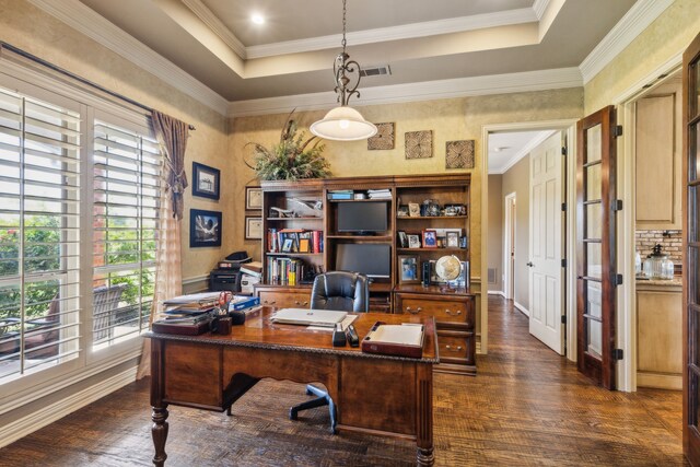 3060 Anna Cade Cir, Rockwall, TX 75087 - office with dark wood-style flooring, a raised ceiling, ornamental molding, and baseboards