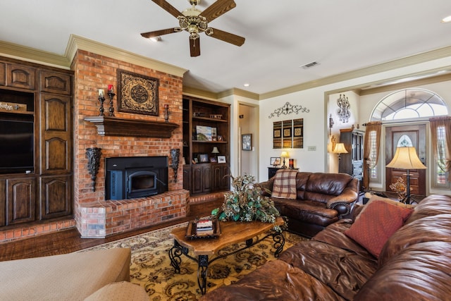 3060 Anna Cade Cir, Rockwall, TX 75087 - living area with ceiling fan, ornamental molding, wood finished floors, and built in features
