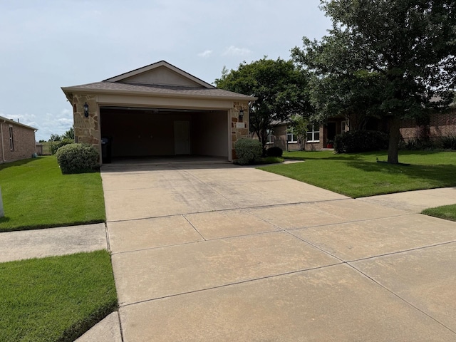 7421 Kite Ln, Frisco, TX 75036 - view of front of property with stone siding, a front lawn, concrete driveway, and an attached garage