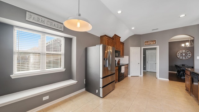 109 Harvest Way, Crandall, TX 75114 - kitchen featuring black appliances, vaulted ceiling, light tile patterned floors, arched walkways, and baseboards