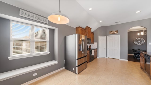 109 Harvest Way, Crandall, TX 75114 - kitchen featuring stainless steel fridge with ice dispenser, backsplash, black electric range, light tile patterned flooring, and recessed lighting