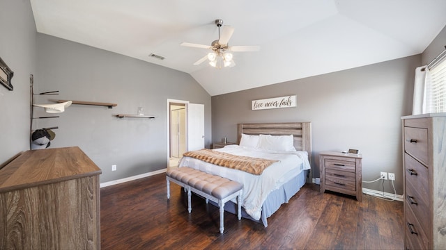 109 Harvest Way, Crandall, TX 75114 - bedroom featuring vaulted ceiling, baseboards, dark wood finished floors, and ceiling fan