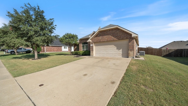 109 Harvest Way, Crandall, TX 75114 - view of front facade with brick siding, an attached garage, concrete driveway, and central air condition unit