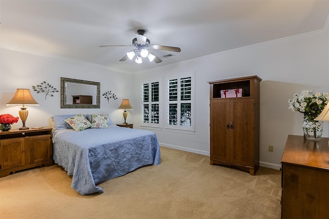 819 Earhart Ave, Grand Prairie, TX 75051 - bedroom featuring light colored carpet, ornamental molding, baseboards, and ceiling fan