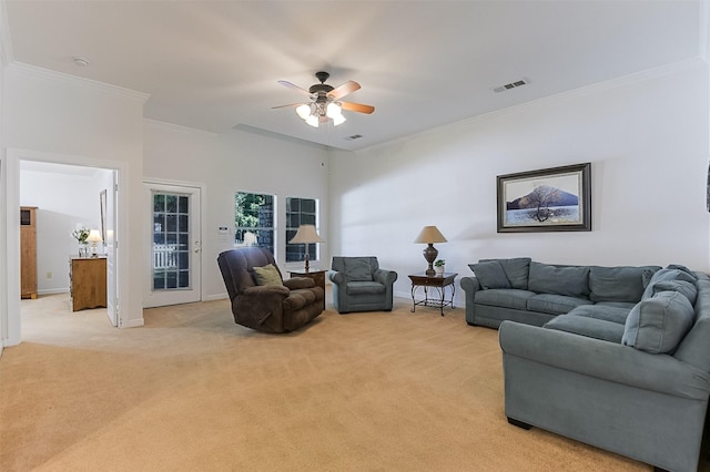 819 Earhart Ave, Grand Prairie, TX 75051 - living room with crown molding, light carpet, ceiling fan, and baseboards