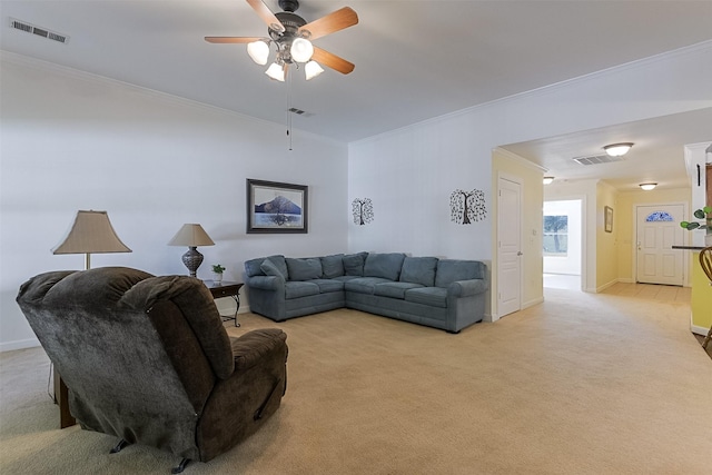 819 Earhart Ave, Grand Prairie, TX 75051 - living room with ornamental molding, light colored carpet, ceiling fan, and baseboards