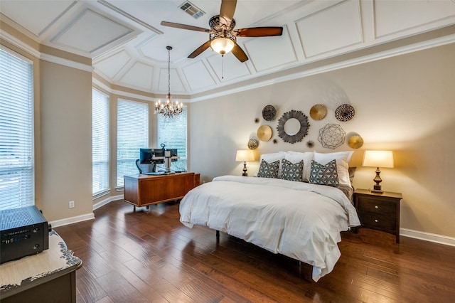 4 Rushing Meadow Ct, Dalworthington Gardens, TX 76016 - bedroom with coffered ceiling, a chandelier, baseboards, dark wood-style flooring, and crown molding
