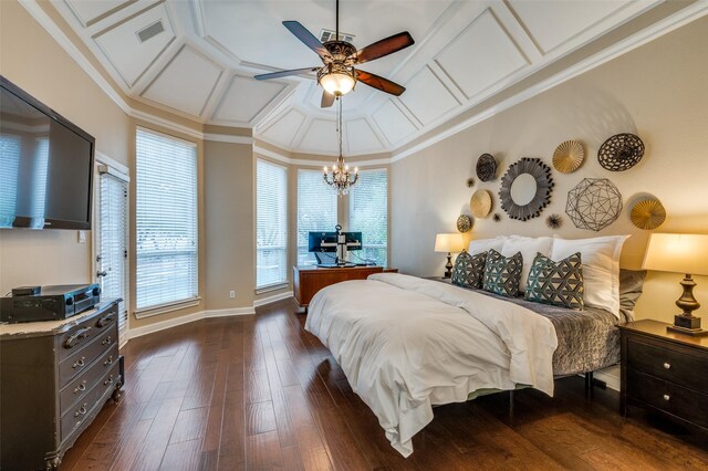 4 Rushing Meadow Ct, Dalworthington Gardens, TX 76016 - bedroom featuring coffered ceiling, dark wood-type flooring, a chandelier, ornamental molding, and baseboards