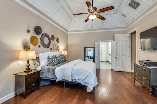 4 Rushing Meadow Ct, Dalworthington Gardens, TX 76016 - bedroom with coffered ceiling, dark wood-style flooring, crown molding, baseboards, and ceiling fan