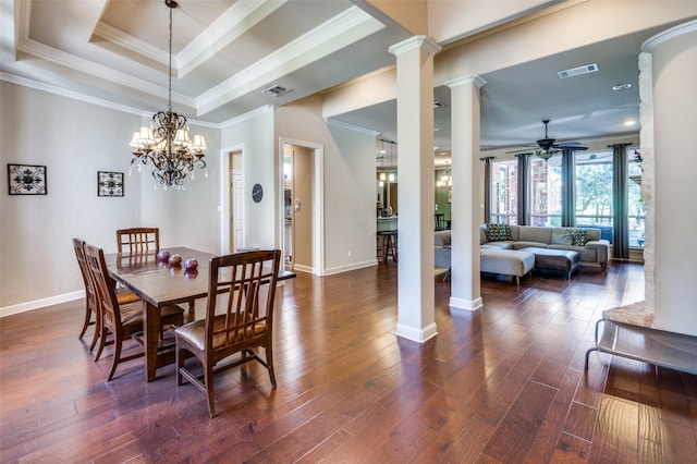 4 Rushing Meadow Ct, Dalworthington Gardens, TX 76016 - dining room with decorative columns, crown molding, ceiling fan, dark wood finished floors, and a raised ceiling