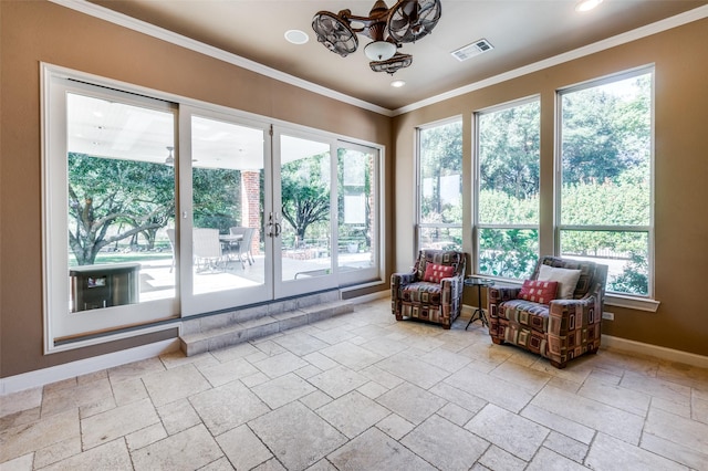 4 Rushing Meadow Ct, Dalworthington Gardens, TX 76016 - sitting room featuring french doors, stone tile floors, baseboards, ornamental molding, and plenty of natural light