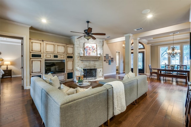 4 Rushing Meadow Ct, Dalworthington Gardens, TX 76016 - living room with ornamental molding, a ceiling fan, a fireplace, baseboards, and ornate columns