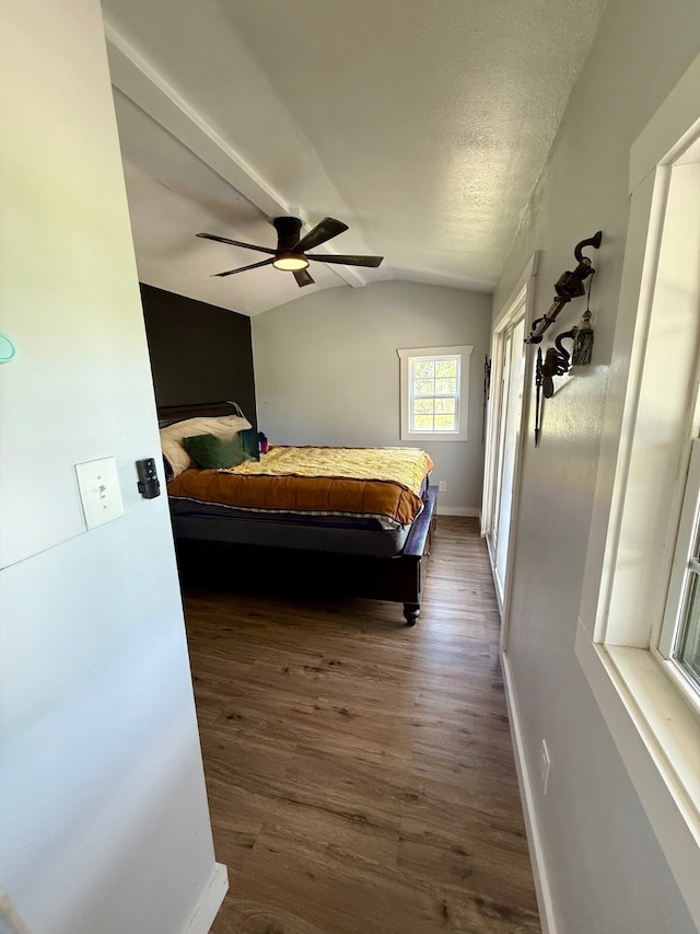 7700 County Road 144, Stephenville, TX 76401 - bedroom with lofted ceiling, dark wood-style floors, baseboards, and ceiling fan
