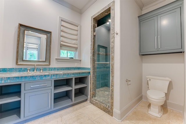 bathroom featuring crown molding, a stall shower, toilet, baseboards, and vanity
