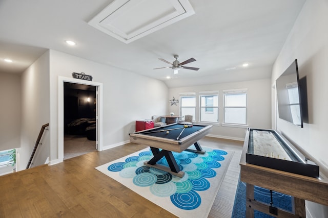 game room with wood finished floors, recessed lighting, baseboards, billiards, and attic access
