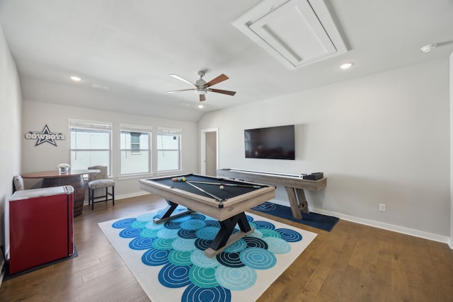 rec room with attic access, recessed lighting, baseboards, a ceiling fan, and wood finished floors