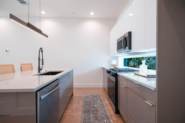 kitchen with appliances with stainless steel finishes, modern cabinets, a sink, light wood finished floors, and recessed lighting