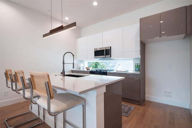 kitchen with stainless steel microwave, a sink, modern cabinets, light wood-style flooring, and range