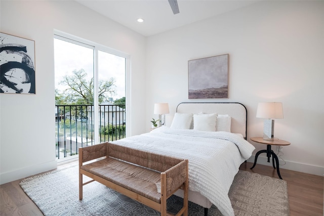 bedroom featuring access to exterior, baseboards, wood finished floors, recessed lighting, and a ceiling fan