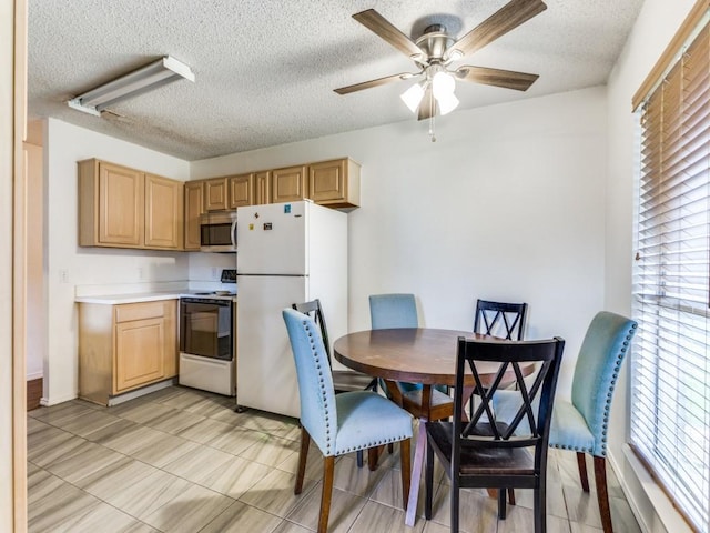 202 Lancelot Dr, Weatherford, TX 76086 - kitchen with stainless steel microwave, range with electric stovetop, freestanding refrigerator, ceiling fan, and light countertops