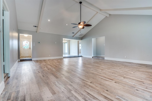 2800 Peachtree Ln, Pantego, TX 76013 - unfurnished living room with high vaulted ceiling, beam ceiling, a chandelier, ceiling fan, and light wood finished floors