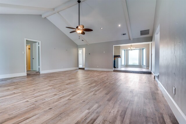 2800 Peachtree Ln, Pantego, TX 76013 - unfurnished living room featuring beamed ceiling, a chandelier, light wood finished floors, ceiling fan, and high vaulted ceiling