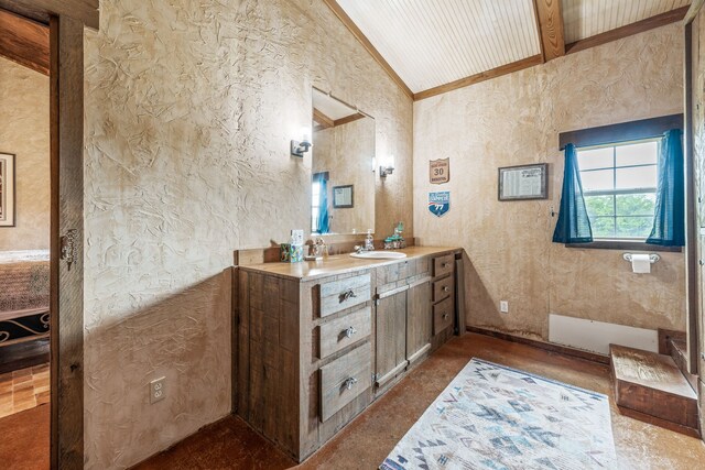 1545 County Road 130, Stephenville, TX 76401 - bathroom with lofted ceiling, vanity, and a textured wall