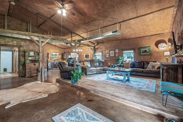 1545 County Road 130, Stephenville, TX 76401 - living area featuring wooden ceiling, concrete floors, a ceiling fan, and high vaulted ceiling