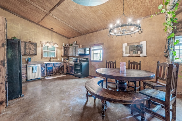 1545 County Road 130, Stephenville, TX 76401 - dining room featuring concrete flooring, vaulted ceiling, wooden ceiling, and a chandelier
