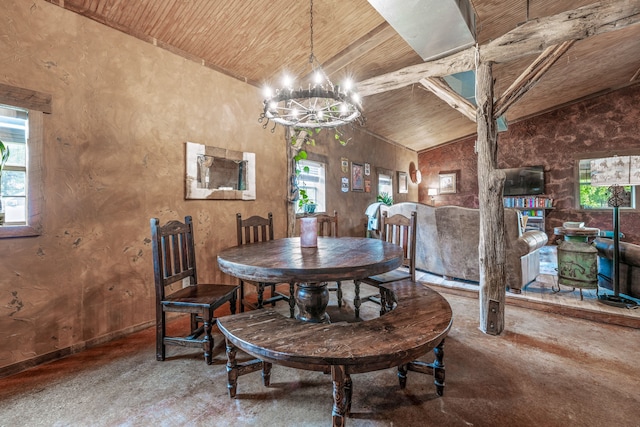 1545 County Road 130, Stephenville, TX 76401 - dining room with wood ceiling, finished concrete flooring, plenty of natural light, a chandelier, and lofted ceiling