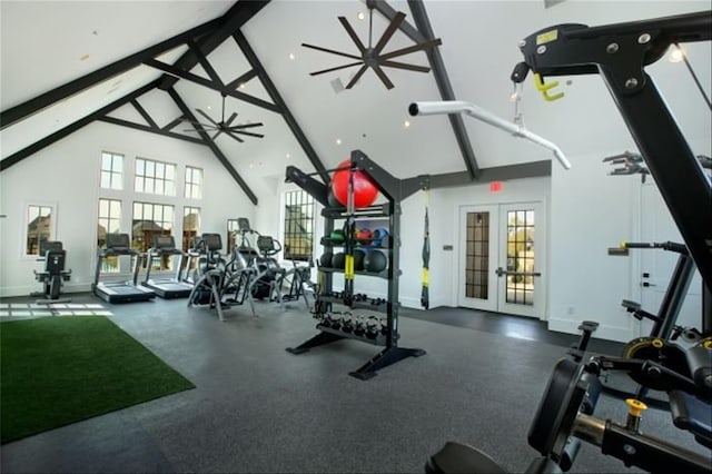2809 Somerset Ln, Celina, TX 75009 - gym with high vaulted ceiling, beamed ceiling, french doors, and baseboards