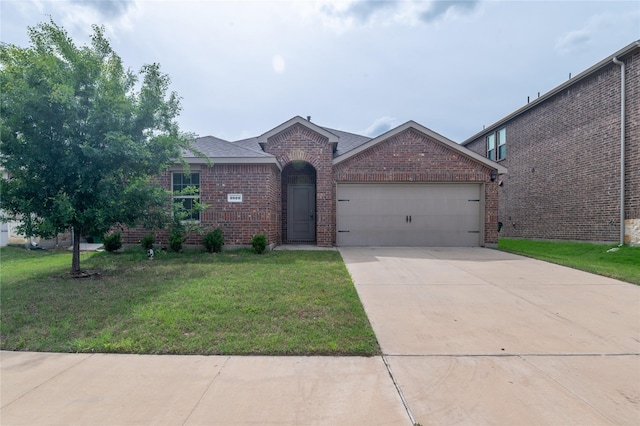 3929 Dickinson Ave, Aubrey, TX 76227 - ranch-style home with brick siding, a garage, a front lawn, concrete driveway, and roof with shingles