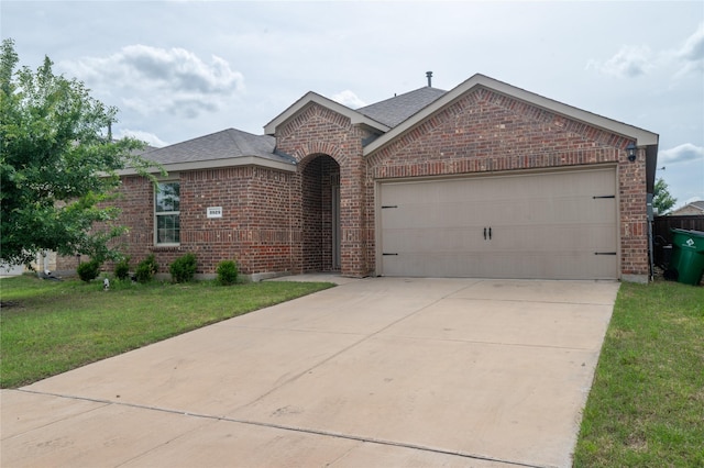 3929 Dickinson Ave, Aubrey, TX 76227 - view of front of home with brick siding, a front lawn, driveway, a garage, and roof with shingles