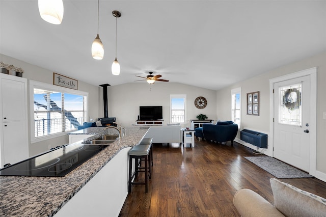 8 Tula Ct, Nocona, TX 76255 - kitchen with a wood stove, open floor plan, black electric cooktop, healthy amount of natural light, and lofted ceiling