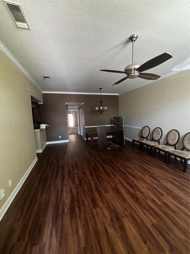 827 Kitty Hawk Ln, Grand Prairie, TX 75051 - living room with a textured ceiling, ornamental molding, wood finished floors, a ceiling fan, and baseboards