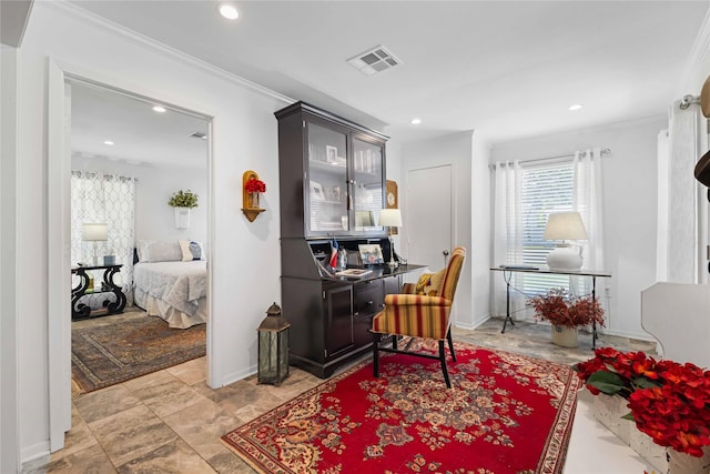 218 Rainbow Dr, Woodway, TX 76712 - office area featuring recessed lighting, crown molding, and baseboards