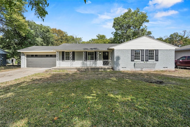 ranch-style home with covered porch, a garage, brick siding, a front yard, and driveway