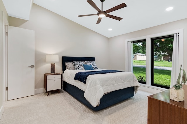 405 Martin Ln, Euless, TX 76040 - bedroom featuring vaulted ceiling, baseboards, recessed lighting, a ceiling fan, and light carpet