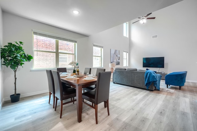 2825 Hale Rd, Celina, TX 75009 - dining space featuring light wood-style floors, ceiling fan, baseboards, high vaulted ceiling, and recessed lighting