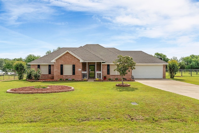 view of front of home with brick siding, concrete driveway, an attached garage, and roof with shingles
