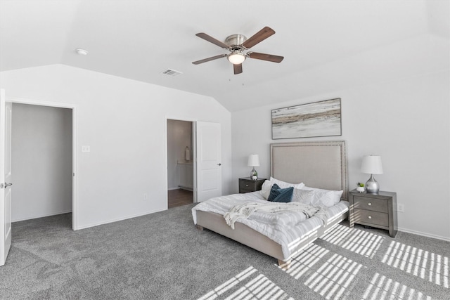813 Canyon Pl, Desoto, TX 75115 - carpeted bedroom featuring vaulted ceiling, baseboards, and a ceiling fan