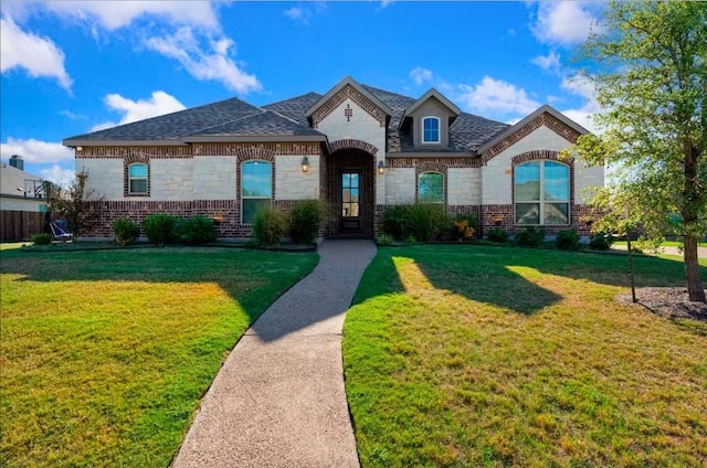 1089 Kreece Dr, Hewitt, TX 76643 - french country inspired facade featuring brick siding, a front yard, roof with shingles, and stone siding