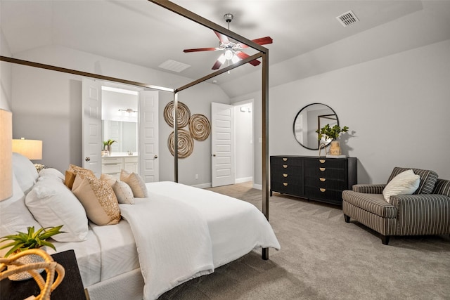 1429 Bridgewater Blvd, Celina, TX 75009 - bedroom with lofted ceiling, light colored carpet, ensuite bathroom, and a ceiling fan