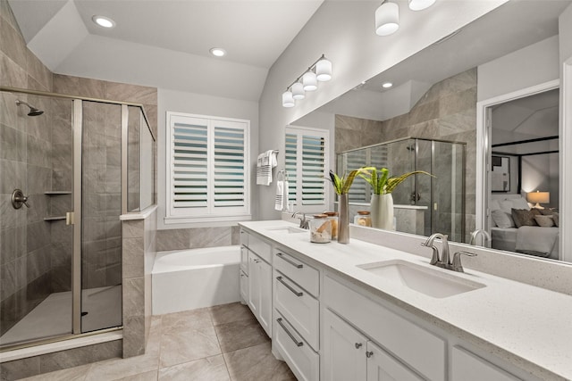 1429 Bridgewater Blvd, Celina, TX 75009 - full bathroom with a stall shower, double vanity, a garden tub, and recessed lighting