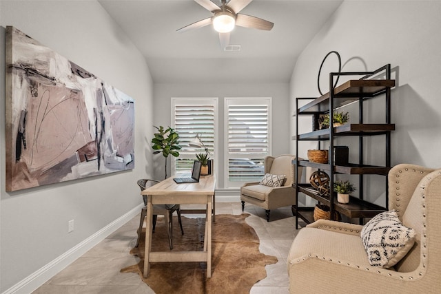 1429 Bridgewater Blvd, Celina, TX 75009 - office space with vaulted ceiling, a ceiling fan, and baseboards