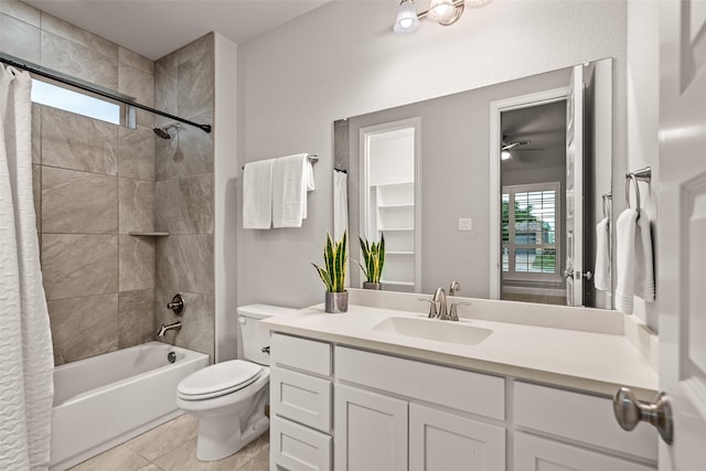 1429 Bridgewater Blvd, Celina, TX 75009 - bathroom with toilet, vanity, shower / tub combo, tile patterned flooring, and ceiling fan