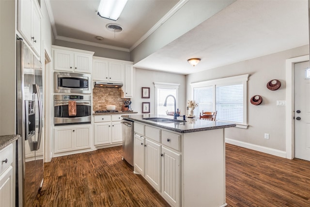 1009 W 7th St, Justin, TX 76247 - kitchen featuring stainless steel appliances, a sink, under cabinet range hood, dark wood-type flooring, and ornamental molding
