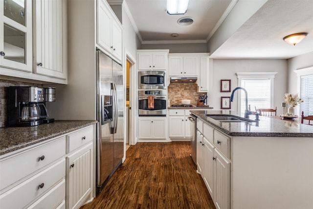 1009 W 7th St, Justin, TX 76247 - kitchen featuring stainless steel appliances, a sink, under cabinet range hood, white cabinets, and ornamental molding